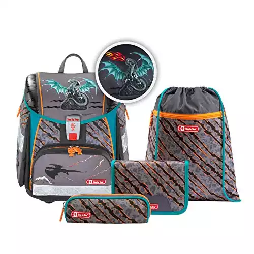 Step by Step Ranzen-Set Touch 2 Flash Fire Dragon 4-teilig, grau-blau, Drachen-Design